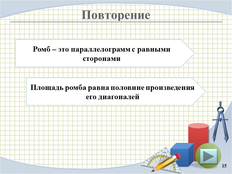 Повторение 15 Площадь ромба равна половине произведения его диагоналей Ромб – это параллелограмм с